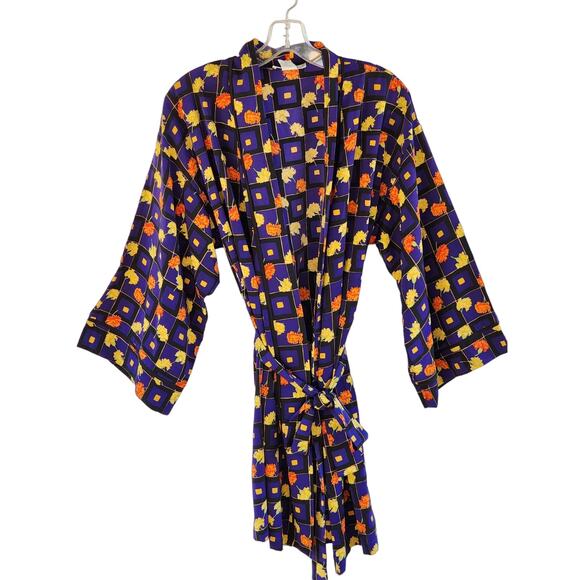 Josie by Natori sz Small Belted Wrap Robe Kimono Silky Dandelion Pattern Multico - Picture 3 of 5